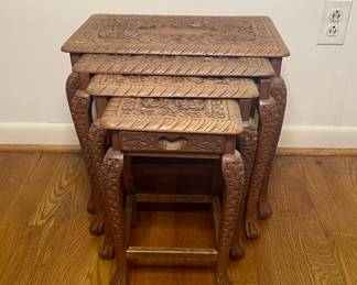 Carved wood nesting tables