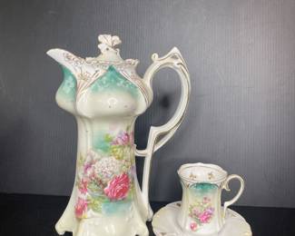 R.S. Prussia chocolate pot & tea cups vtg
