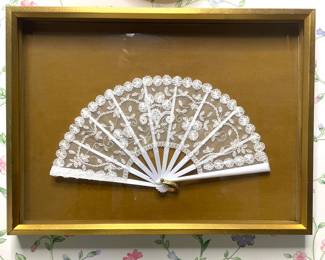 Framed vintage lace fan