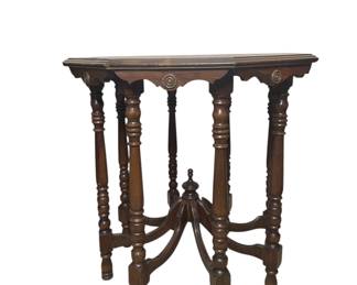 Antique carved wood 6 sided accent table