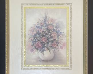 Framed floral print signed Bennett vtg
