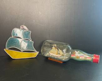 Stained glass & ship in a bottle