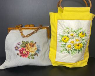 Vintage need point & lucite bag
Floral tote w bamboo handle vtg