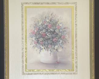 Framed floral print signed Bennett vtg
