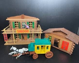 Oehme & Söhne Western-theme town Saloon, Jail, Post Office, Bank, & General Store, East Germany.
Timpo Toys horse carriage