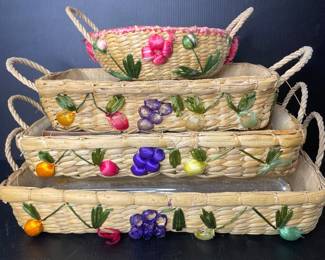 Vintage raffia nesting casserole baskets