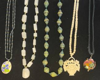 Cloisonné, carved celluloid, natural stone necklaces