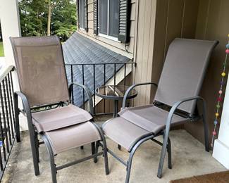 PATIO CHAIRS, BISTRO TABLE AND FOOT STOOLS