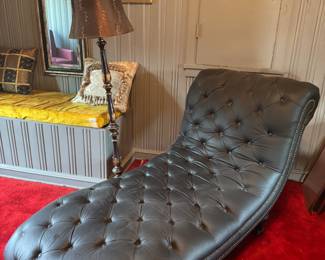 Black leather tufted Chaise