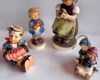 Goebel Hummel "Boy with Accordian", "Girl with Nosegay Bouquet", "For Mother" and "A Sled for Three"(Ornament) Porcelain Figurines