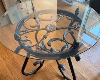 Round Glass Top Side Table with Wrought Iron Base