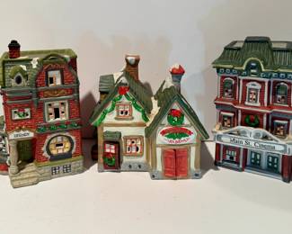 Dickens Keepsake Porcelain Lighted Houses-Library, Santa's Work Bench, and the Main Street Cinema.