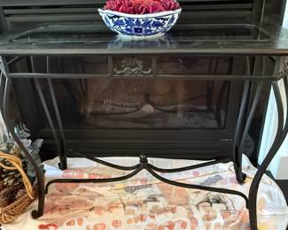 Glass Top Sofa Table with Wrought Iron Base