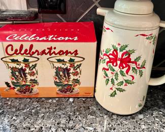 Vintage Lenox "Holly Berry" Thermos Carafe and Celebrations "Holly" Two Hurricane Glasses