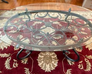 Oval Glass Top Coffee Table with Wrought Iron Base