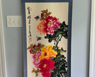Asian Scroll Painting Featuring Peonies and Butterflies.