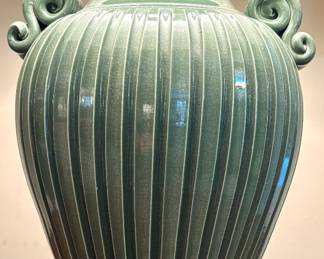 $200 each (2 available); hand made Florentine ceramic fluted jar lamp with scrolled handles; 30"h