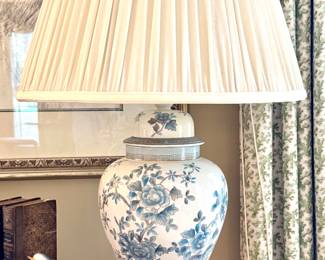 $150; light blue and white ginger jar lamp; 28"h