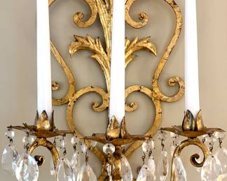 $100 each (2 available); scrolled metal wall sconces with three candles and drop crystals; 22"h