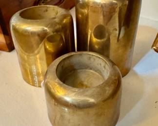 $60; set of 3 MCM brass candle holders; 4"h