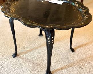 $200; antique side table with hand painted wood top and metal scrolled legs; 26x21x17