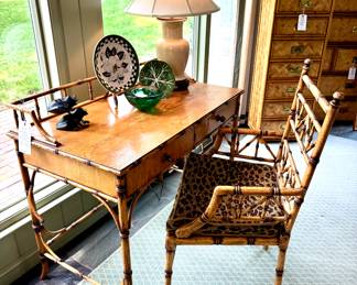 SOLD; MCM bamboo-style wood desk and chair with custom cushion (chair has caned seat that is broken); desk: 40x23x35; chair: 23x19x40