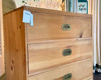 $100; 3 drawer pine chest with brass hardware; 29x16x30