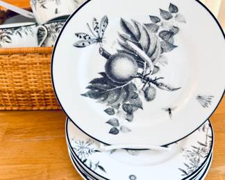 $140; set of Curio Black china fro Anthropologie with floral and fruit design; 6 salad plates, 6 cups and saucers, 4 dinner plates