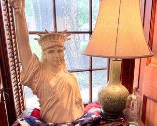 (SOLD; resin Crate & Barrel Lady Liberty bust; 29"h)  ($80; Celadon porcelain lamp with wooden base) ($250; vintage hand-carved wooden end table with slide out sides, inlay wood joinery)