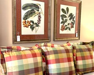 ($150 each; floral prints, matted and framed, purchased from Frank Patton; 29x35)  ($80; 3 silk plaid Euro pillows and coordinating king bed skirt)