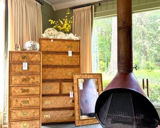 ($400; authentic rattan MCM lingerie tower with 7 drawers and brass hardware; 18x12x48) night stand and dresser may be stacked (as shown) for larger chest of drawers ($350; authentic rattan MCM nightstand with 3 drawers and brass hardware; 30x18x31)  ($450; authentic rattan MCM dresser with 4 drawers and brass hardware; 36x18x30) ($150; authentic rattan MCM mirror; 24x36)