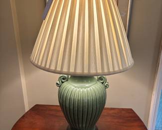 $200 each (2 available); hand made Florentine ceramic fluted jar lamp with scrolled handles; 30"h