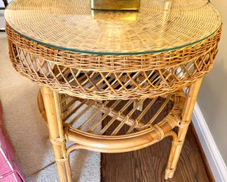 $350; vintage wicker and bamboo side table with glass top; 24x27