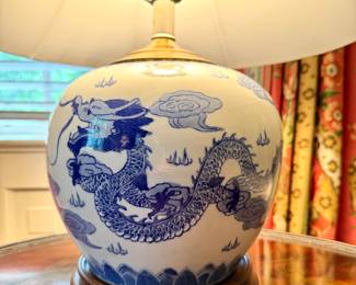 $150; blue and white dragon ginger jar lamp with wooden base; 22"h