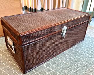 $200; wood and wicker gardening box with lift out tray including all of the wood-handled and stainless steel gardening tools