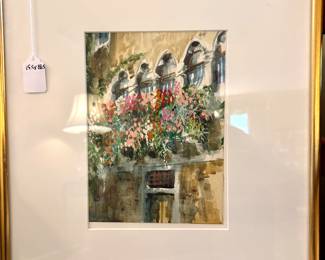 $150; original water color of window boxes in gold frame; 16x19