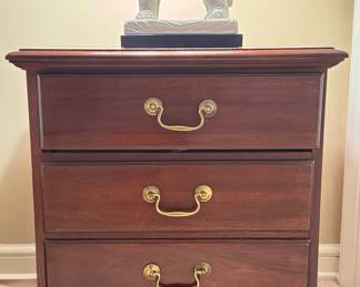 ($150; vintage porcelain elephant lamp; 23"h) (SOLD; Lammerts 3-drawer side table; 24x16x27)