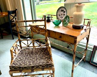 SOLD; MCM bamboo-style wood desk and chair with custom cushion (chair has caned seat that is broken); desk: 40x23x35; chair: 23x19x40