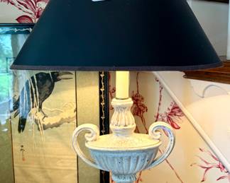 $60; urn lamp with craquelure effect and black shade; 19"h