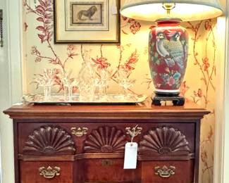 ($300; American Drew block front, Goddard, 4-drawer chest; 37x16x33) ($150; porcelain lamp with avian and botanical design; 31"h) ($80 each-2 available: framed lion engravings, each different; 16x14)