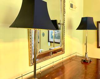 $150 each (2 available); brass buffet lamp with brass tassel pull chain and black shade; 31"h