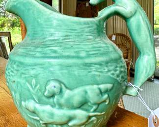 $250; rare Vanc Faience Co. matte green greyhound pitcher; 9"h
