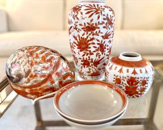 ($28; tall Chinoiserie vase; 11"h) (SOLD; abalone shell) ($16 each-2 available; Denmark ceramic bowl) ($28; ginger jar; 5"h)