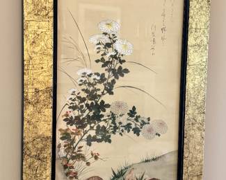 $300; framed Tosu Mitsuoki "Chrysanthemum and Quail" print in gold and black frame; 19x38