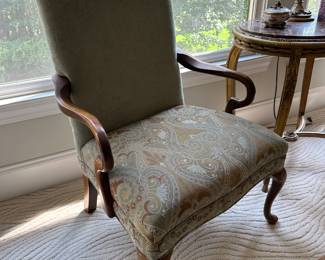 Pair vintage Queen Anne style open armchairs with shepherd crook arms