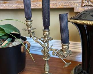 Pair, vintage gilt metal three light candelabras
