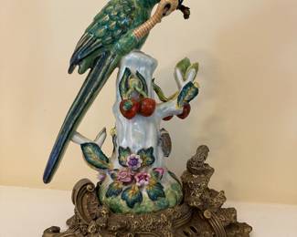 Pair, vintage United Wilson porcelain and gilt bronze mounted parrots