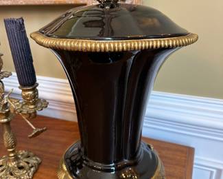 Pair, United Wilson porcelain and gilt metal mounted covered jars/urns