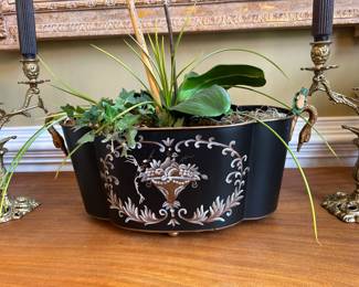 Vintage tole peinte jardiniere with faux orchid