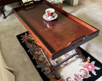 Butler style coffee table, needlepoint rug